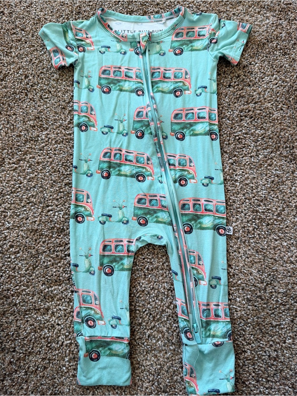 LITTLE BUM BUMS Teal Short Sleeve Surfer Camper Van Short Sleeve Zip Romper